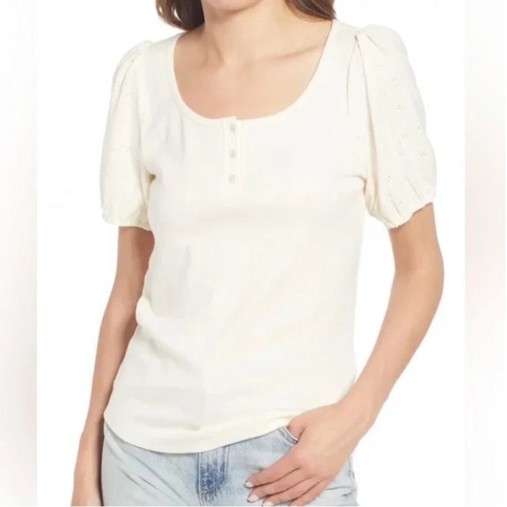 NWT Madewell Eyelet Sleeve Cotton Henley Top in Crème JCrew Popular officewear - Picture 1 of 16